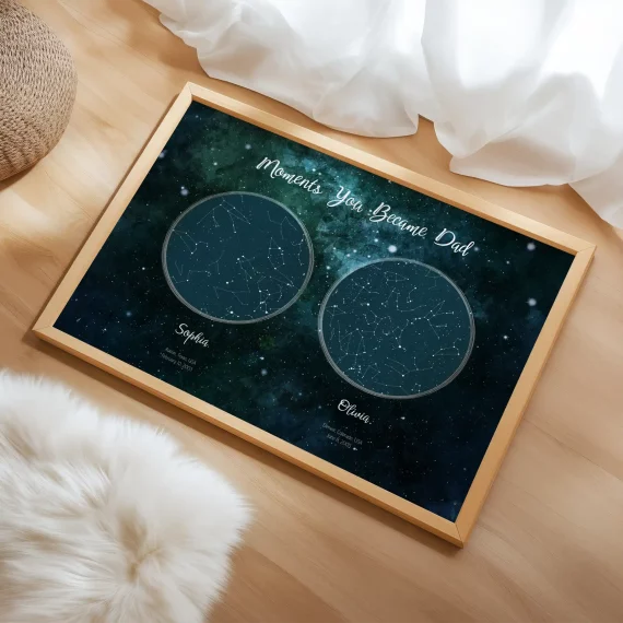 Minimalist framed dad star map print with two black heart-shaped night skies.