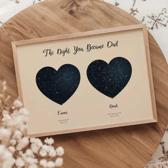Framed custom star map print with two heart-shaped constellations and fatherhood quote on wooden table.