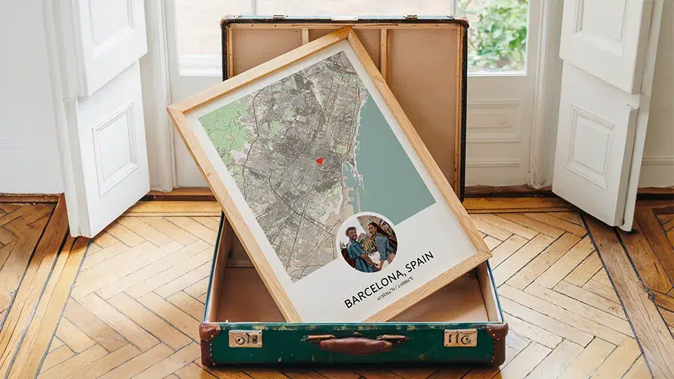 Personalized star map print displayed in a bedroom, a unique travel gift inspired by a special location and date.