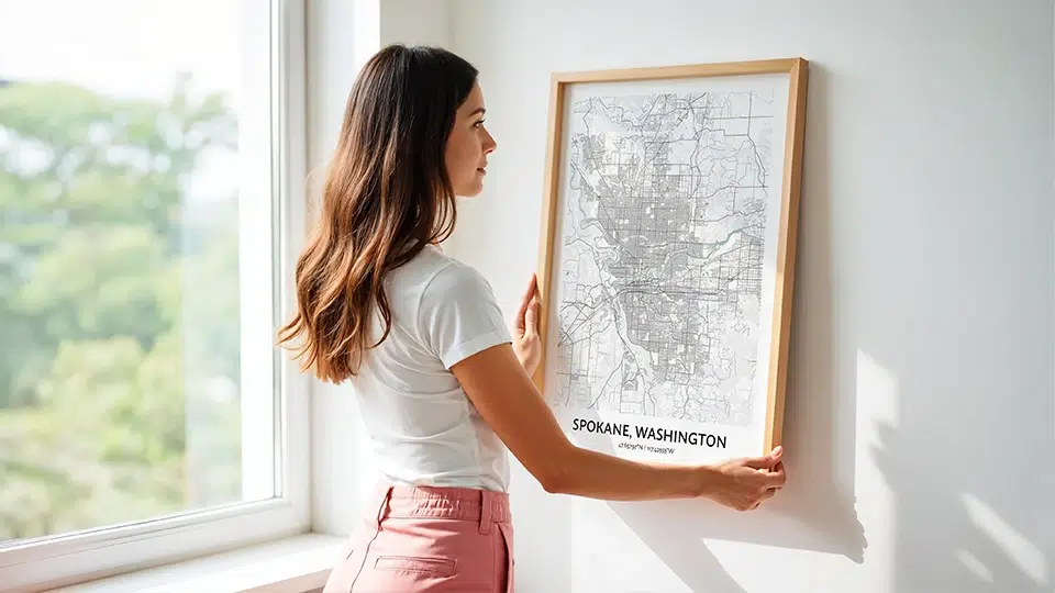 Woman hanging a custom city map print on the wall, a personalized travel gift for home decor.