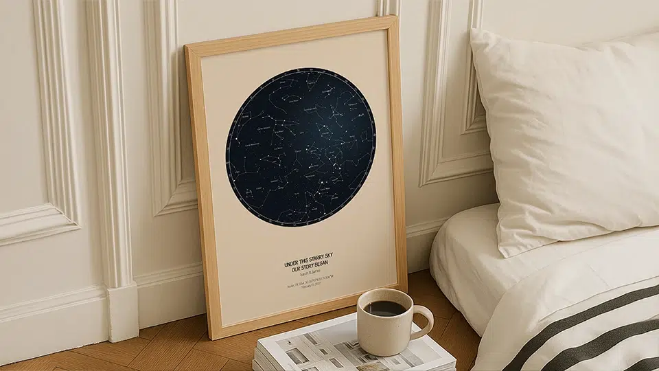 Personalized star map print displayed in a bedroom, a unique travel gift inspired by a special location and date.