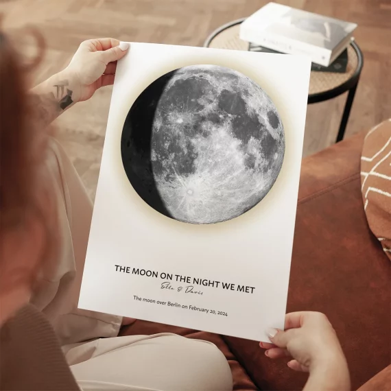 Person holding an unframed personalized Moon on the Night We Met print featuring the exact moon phase.