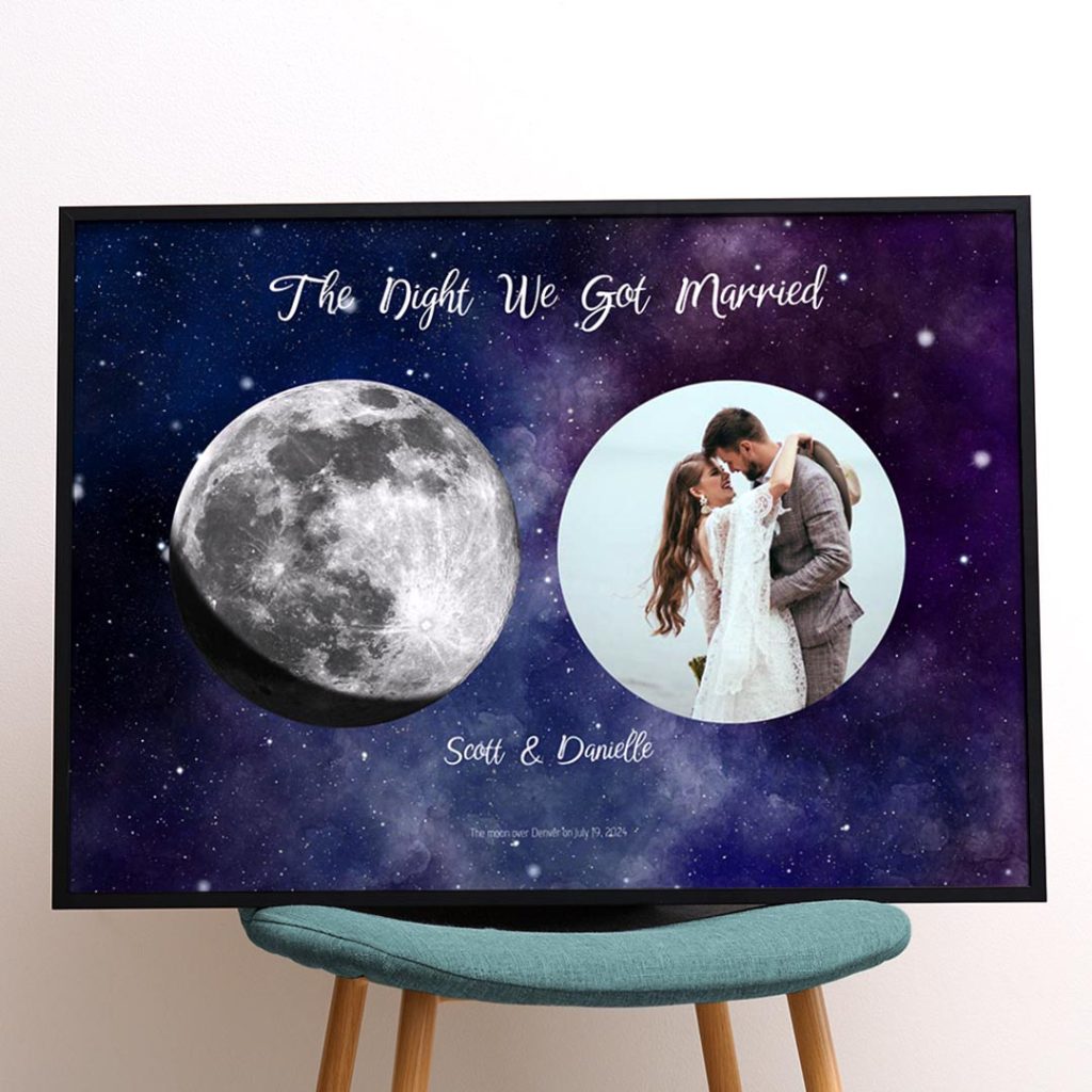 Personalized wedding moon phase print with a couple’s photo, names, and the text “The Night We Got Married,” a meaningful gift for newlyweds