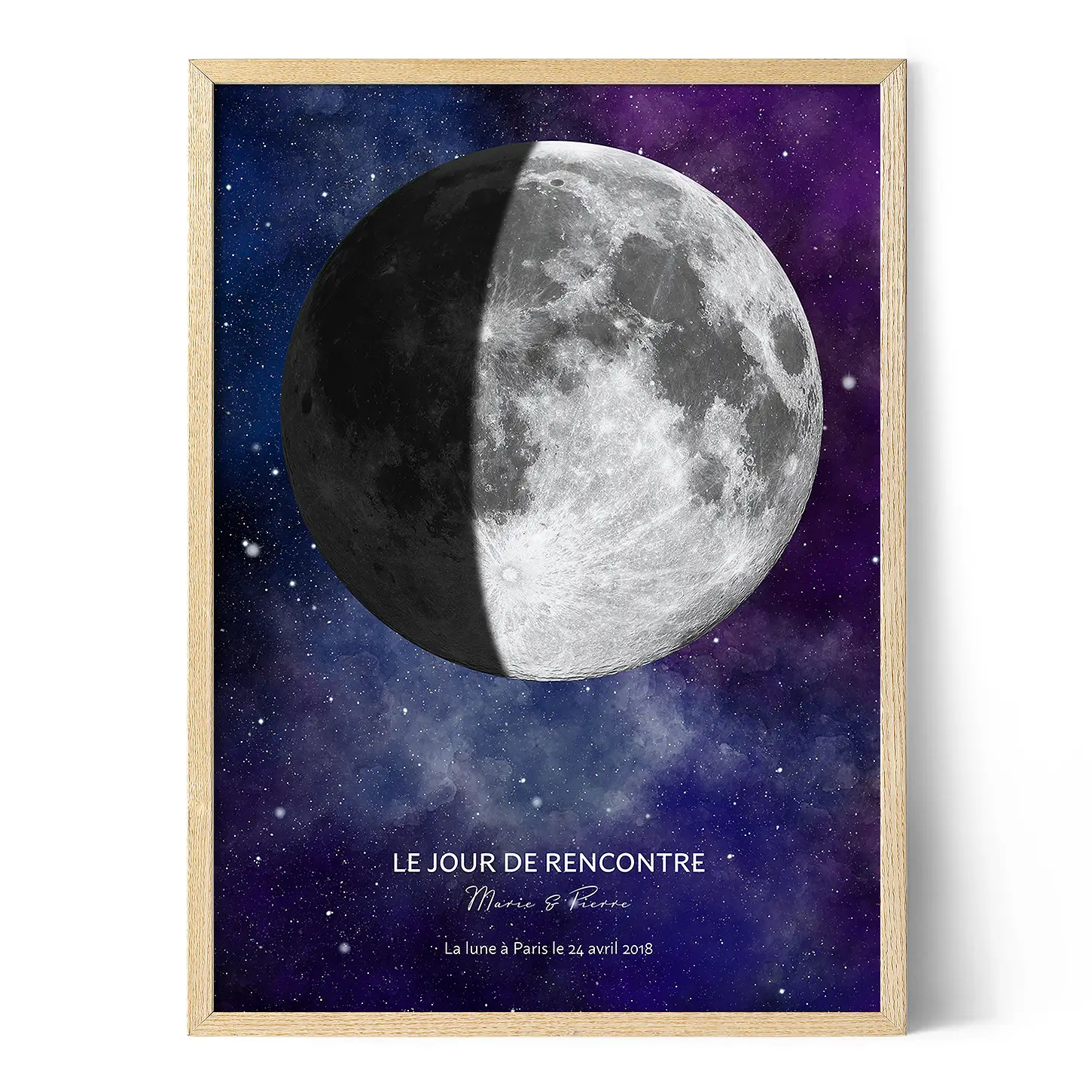Cadre Photo Personnalisé Phase De Lune A4/A3 - Carte Des Étoiles Par Date + Message - Cadeau Anniversaire Unique