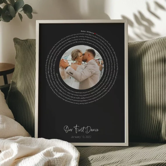 First Dance Song Lyrics with Photo poster with a dark background and wedding photo displayed on a sofa.