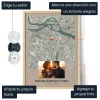 Póster personalizado con mapa de la ciudad, una foto de pareja en forma de corazón, texto personalizado, opciones de estilo de mapa y una dirección marcada.