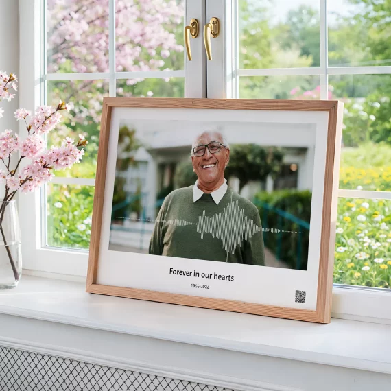 memorial voice recording wall art with portrait of elderly man and soundwave near window