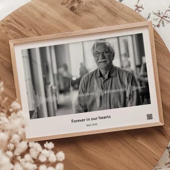 memorial voice recording wall art with soundwave and portrait of elderly man in wooden frame