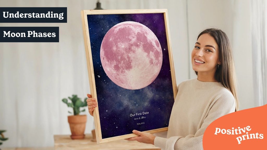 Smiling woman holding a framed personalized star map poster featuring a large pink full moon against a deep starry night sky, with a dedication text commemorating a special date, set in a cozy indoor setting.