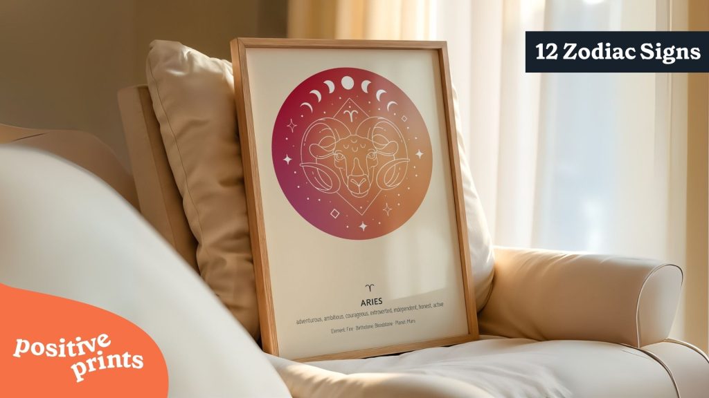 Framed zodiac sign poster featuring Aries ram head design in a circle with moon phases, stars and astrological symbols on pink-orange gradient background