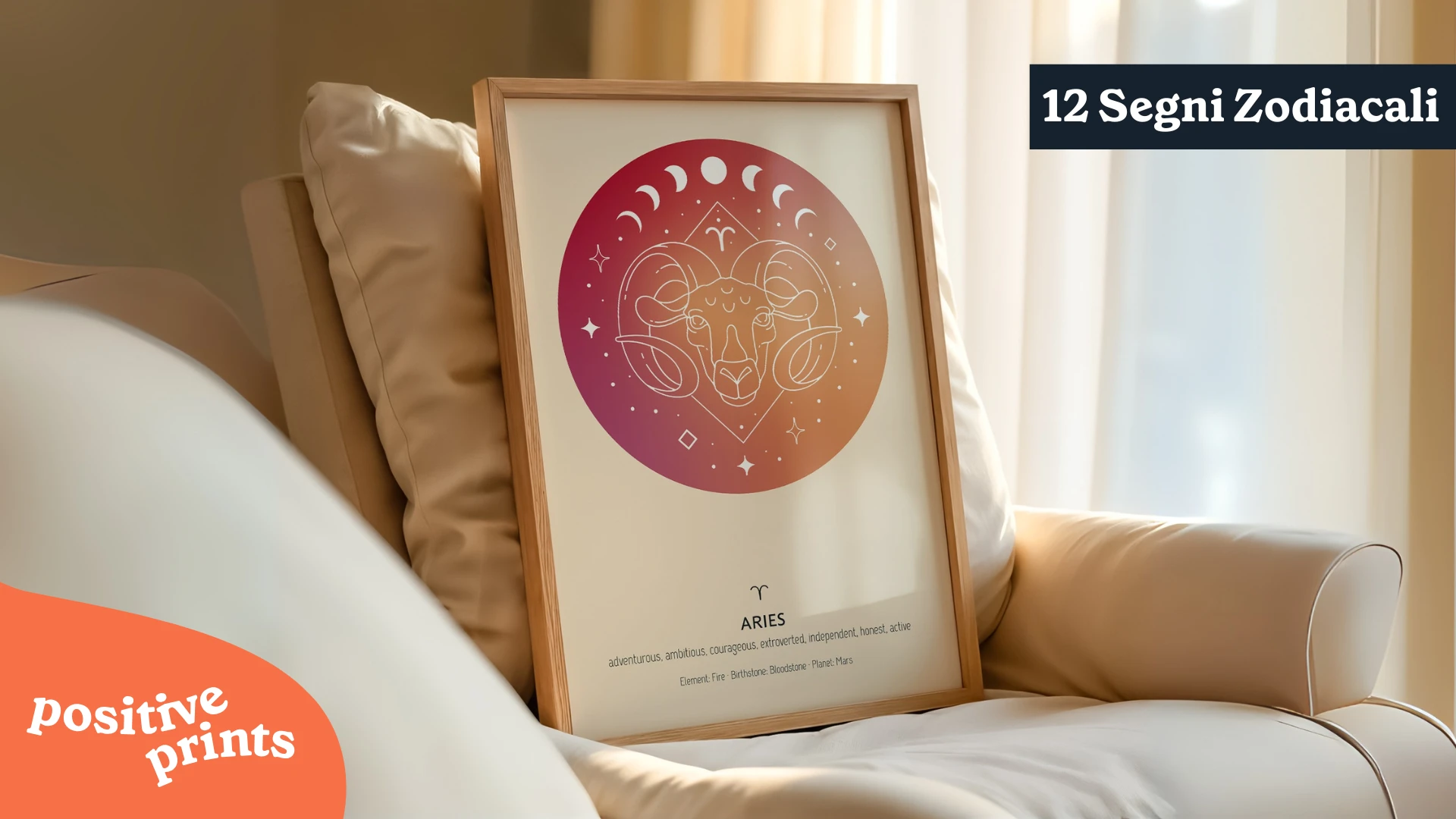 Segno zodiacale Ariete: poster artistico incorniciato su poltrona beige, decorazione astrologica Positive Prints