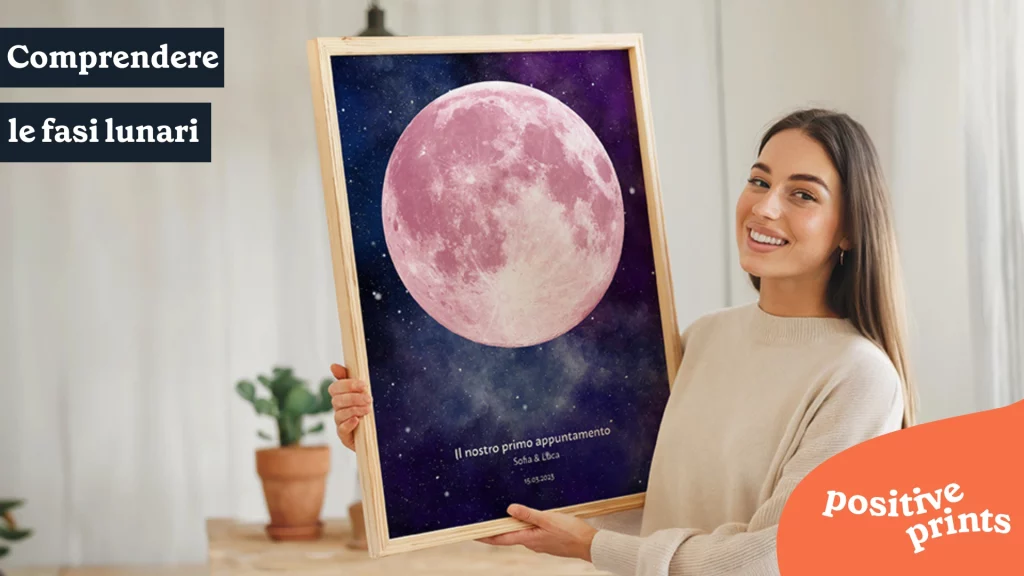 Fasi lunari poster personalizzato con luna piena rosa - donna felice mostra arte lunare incorniciata per decorazione casa