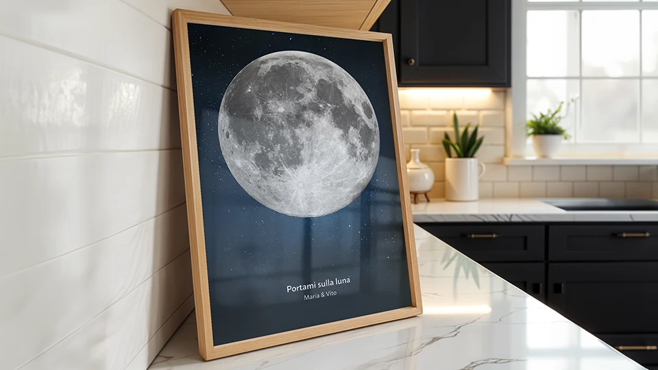 Poster fase lunare compleanno personalizzato con luna piena "Portami sulla luna" in cucina moderna, decorazione romantica incorniciata