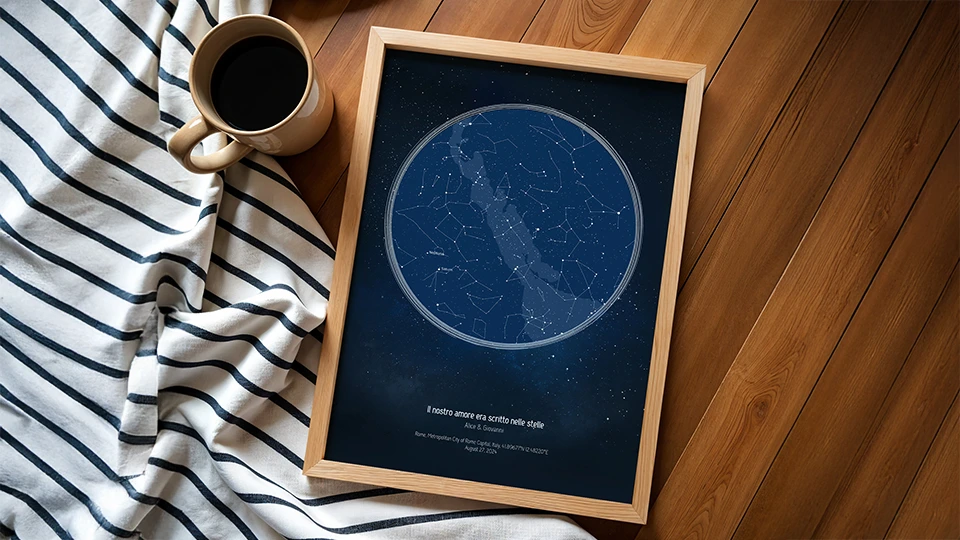 Cos'è una mappa stellare personalizzata: esempio di poster astronomico con costellazioni incorniciato per decorazione casa
