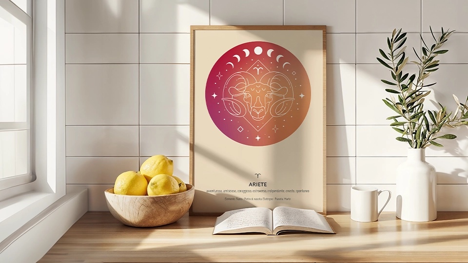 Segno zodiacale Ariete: poster personalizzato con simbolo astrologico e fasi lunari per decorazione moderna