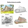 Cuatro estilos de retrato personalizado de casa: moderno, dibujo lineal, boceto a lápiz e ilustración a color.