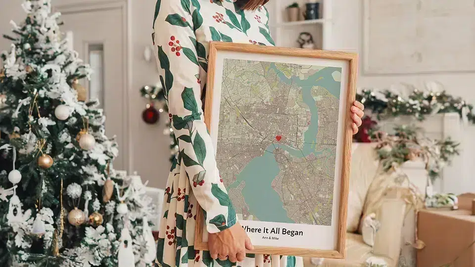 Personalized Where We Met map Christmas gift showing custom city location with red heart marker