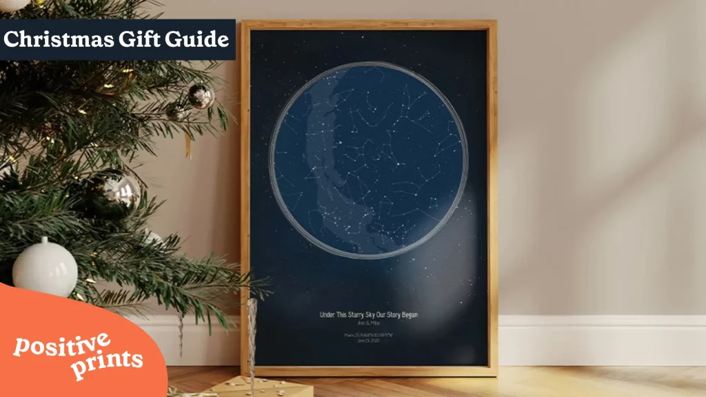 Meaningful Christmas gifts guide 2025 custom star map Under The Starry Sky personalized print by Positive Prints with Christmas tree