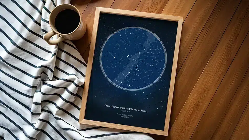 Qu'est-ce qu'une carte des étoiles : poster personnalisé constellations "Ce par où l'amour a grimpé" sur table bois avec café