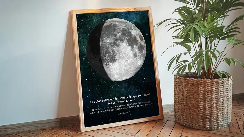 Magie de votre ciel natal : affiche lune personnalisée "Les plus belles étoiles" en cadre bois près plante d'intérieur