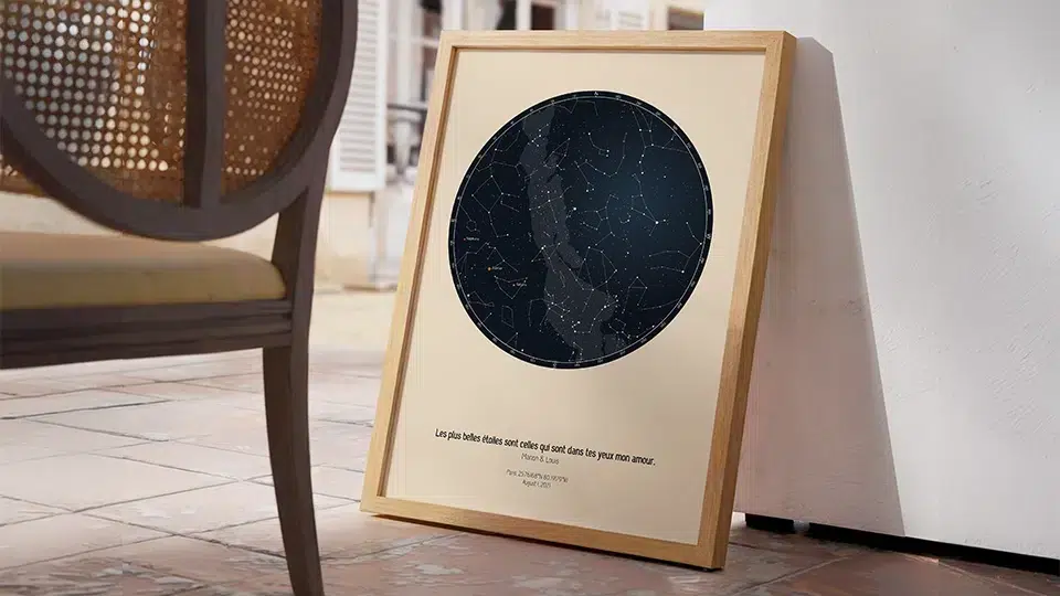 Carte des étoiles personnalisée : affiche constellations "Les plus belles étoiles sont celles qui sont dans tes yeux" en cadre bois