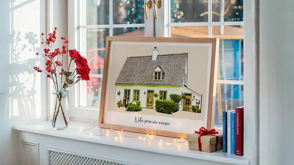 Portrait aquarelle personnalisé Notre première maison cadeau Noël pour elle affiche encadrée décoration fenêtre guirlandes