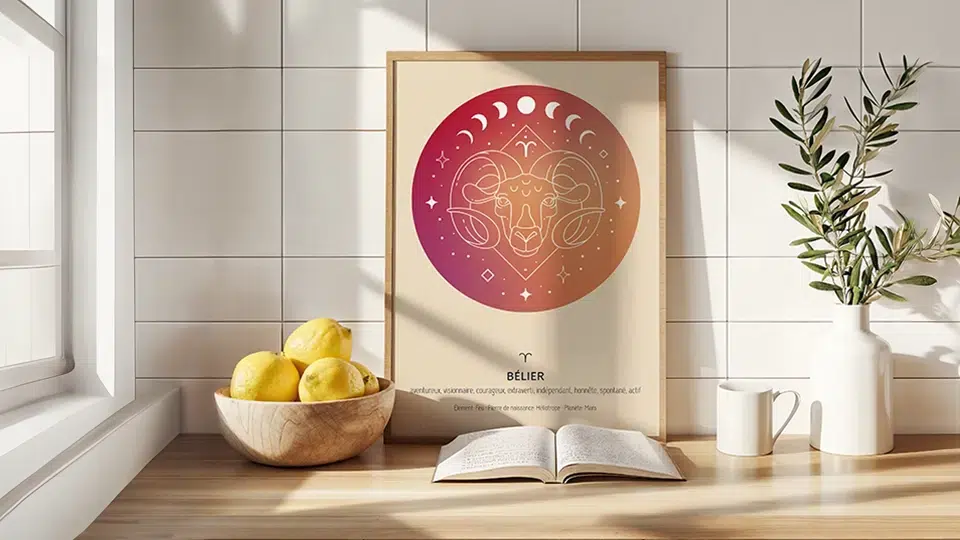 Signes du zodiaque caractéristiques : poster Bélier avec phases de lune et design astral gradient rouge-orange en cadre bois
