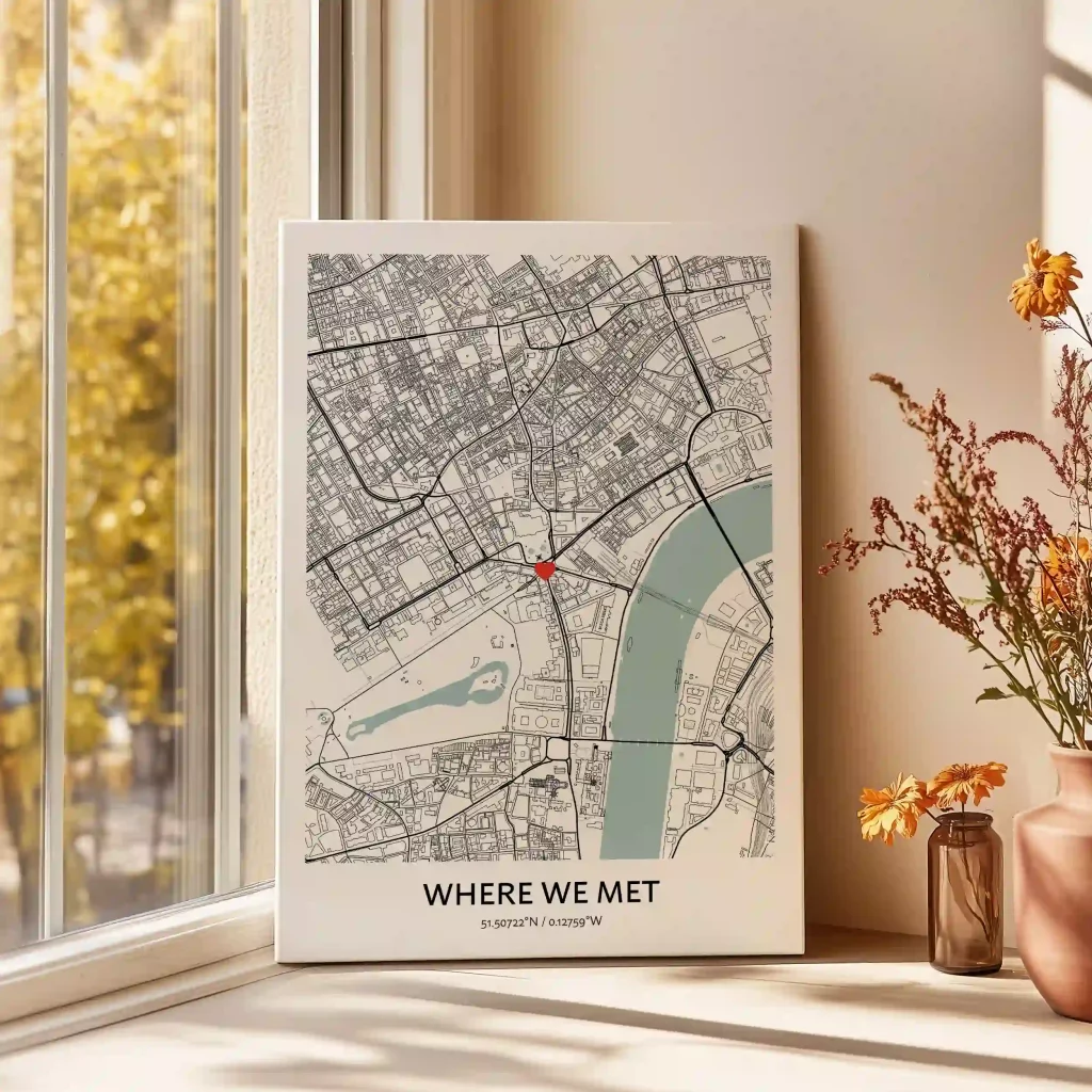 Personalized "Where We Met" canvas print featuring a custom city map and the location where a couple first met.