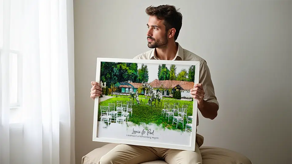 Personalisierte Weihnachtsgeschenke für ihn Aquarell Ortsbild Jana Paul Mann mit gerahmtem Poster Hochzeitszeremonie grün