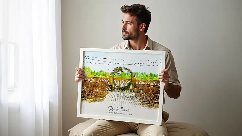 Cadeaux de Noël personnalisés pour homme affiche aquarelle lieu mariage personnalisée Chloé Thomas homme assis tenant poster