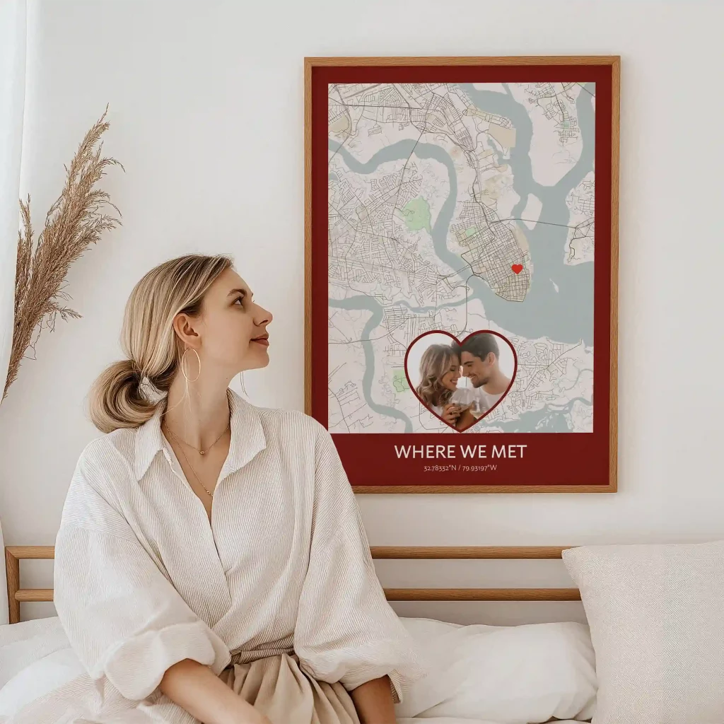 Where We Met personalized map print with photo, romantic gift for wife or husband, custom wall art showing the place where a couple first met