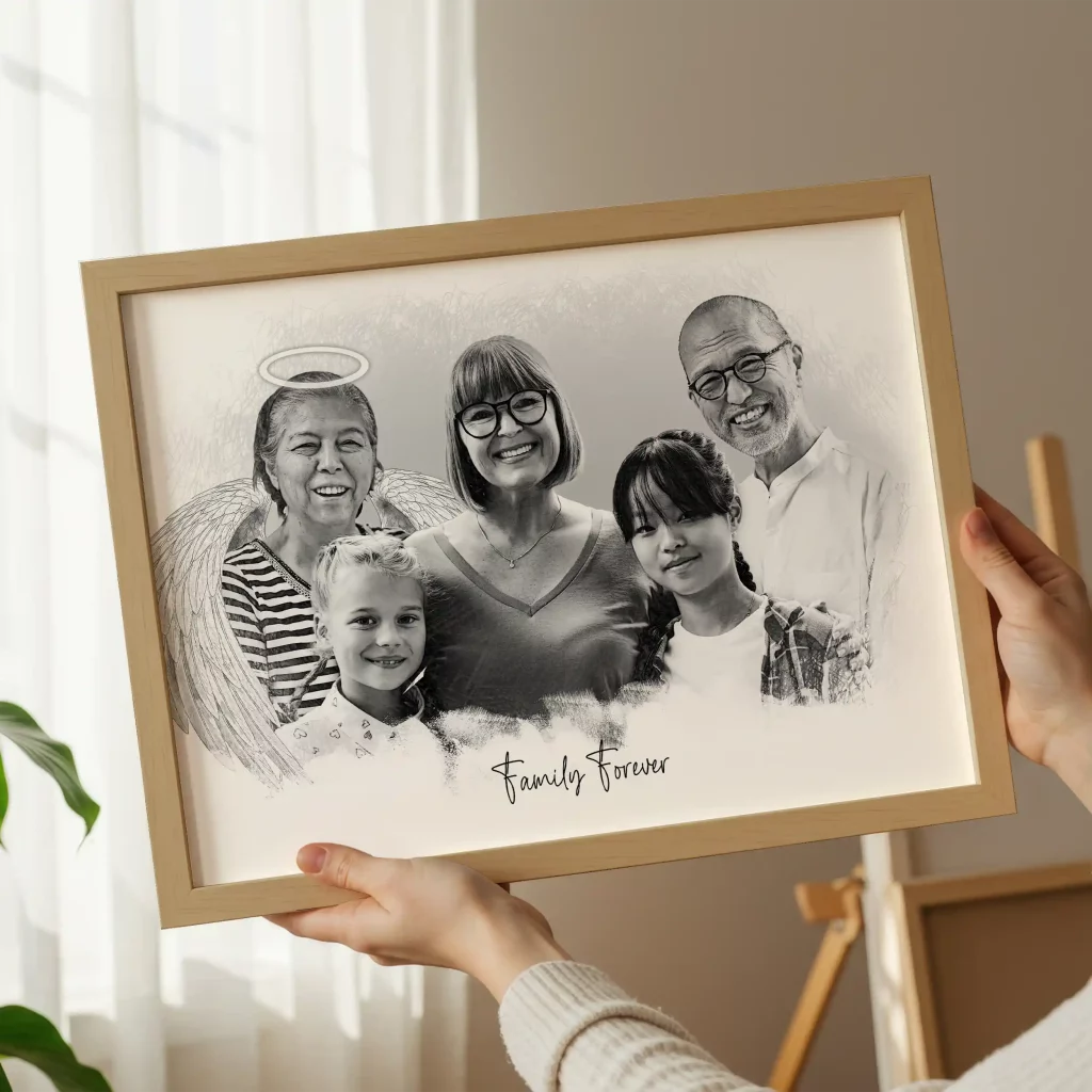 Personalized family memorial portrait celebrating the memory of a loved one with custom artwork.