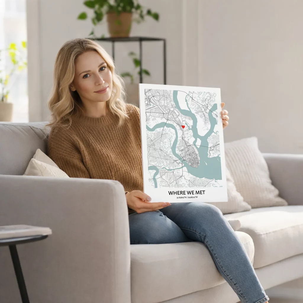 Woman holding a personalized map print that turns travel memories into meaningful wall art.