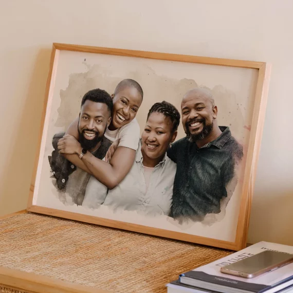 Framed Custom Family Portrait from Multiple Photos featuring smiling family members in watercolor style.