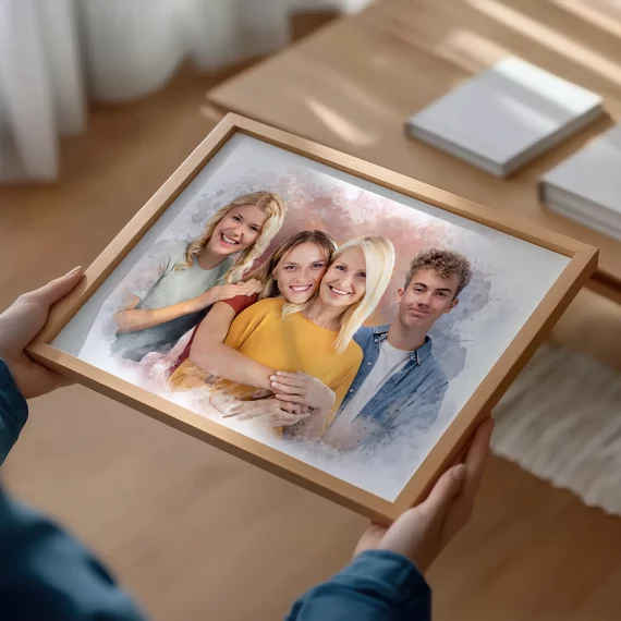 Custom Family Portrait from Multiple Photos displayed in a wooden frame with watercolor-style family artwork.