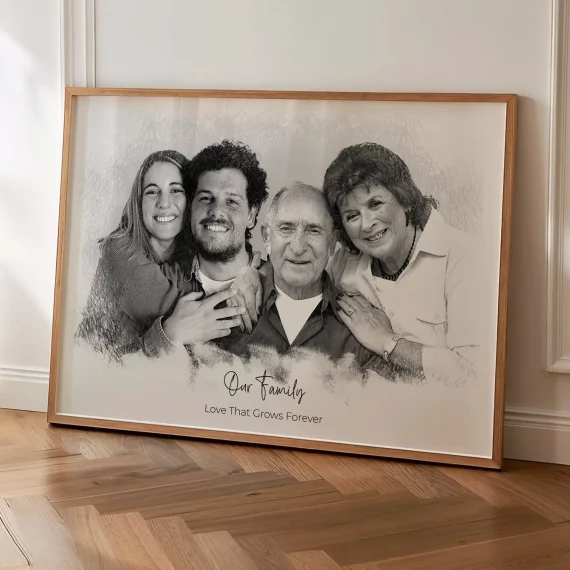 Large framed Custom Family Portrait from Multiple Photos displayed as personalized family wall art.