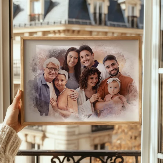 Custom Family Portrait from Multiple Photos held near a window with personalized watercolor family artwork.