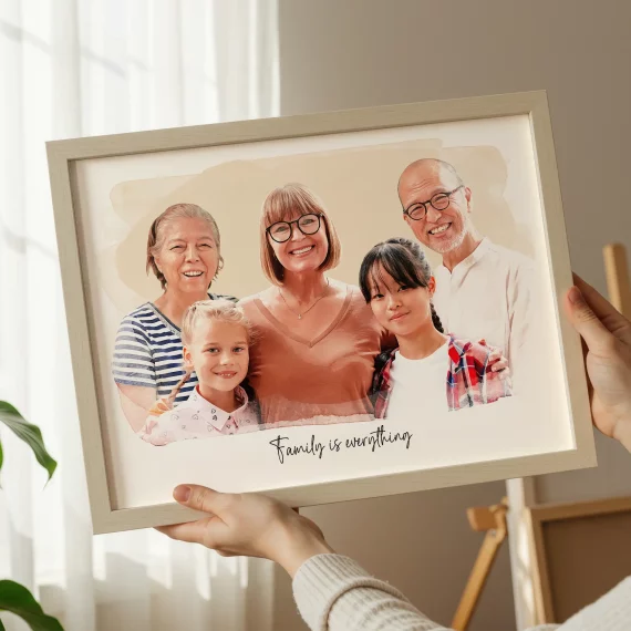 Personalized Custom Family Portrait from Multiple Photos featuring a multigenerational family in a framed watercolor print.