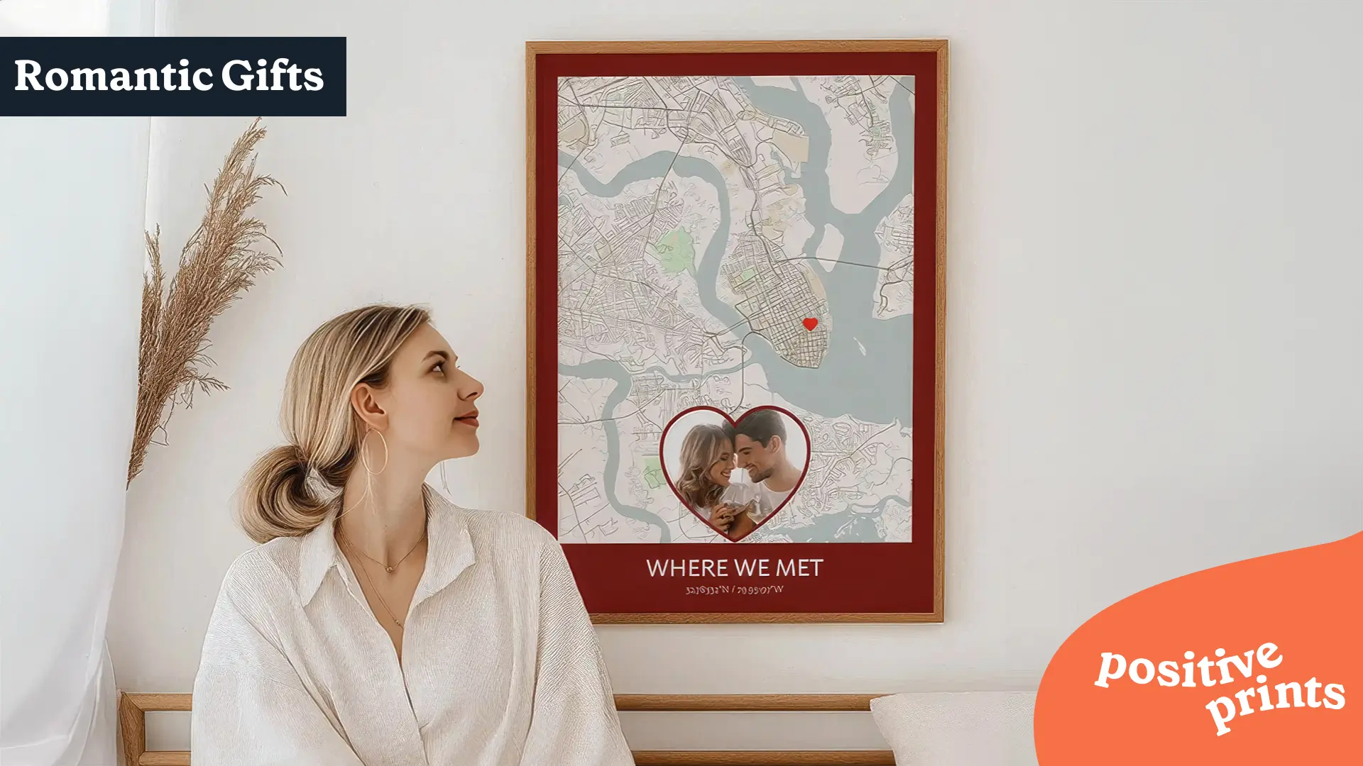 Romantic gift ideas banner featuring a personalized Where We Met map print, meaningful wall art for anniversaries and Valentine’s Day
