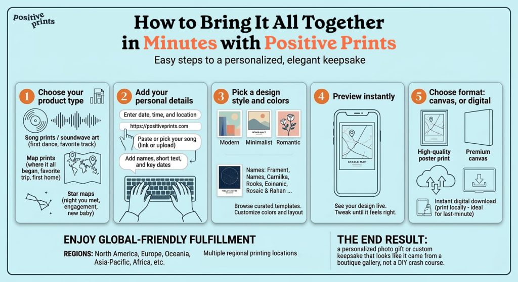 Step-by-step guide showing how to create sentimental gifts with Positive Prints using song prints, map prints, and star maps.