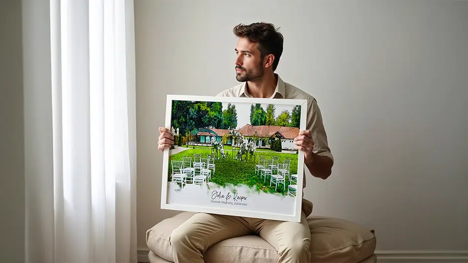 Mężczyzna trzymający personalizowany obraz przedstawiający miejsce ceremonii ślubnej.