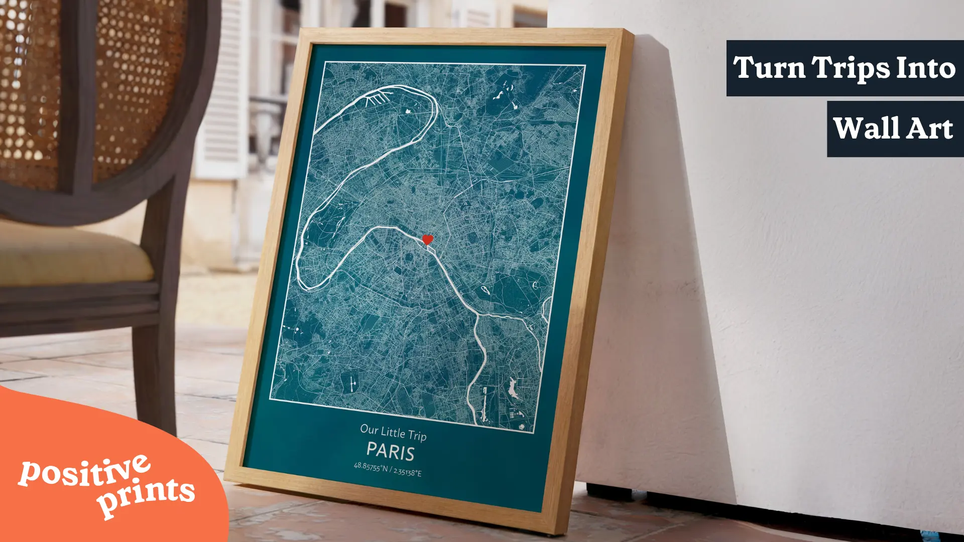 Custom Paris map print displayed as wall art, turning travel memories into a personalized keepsake.