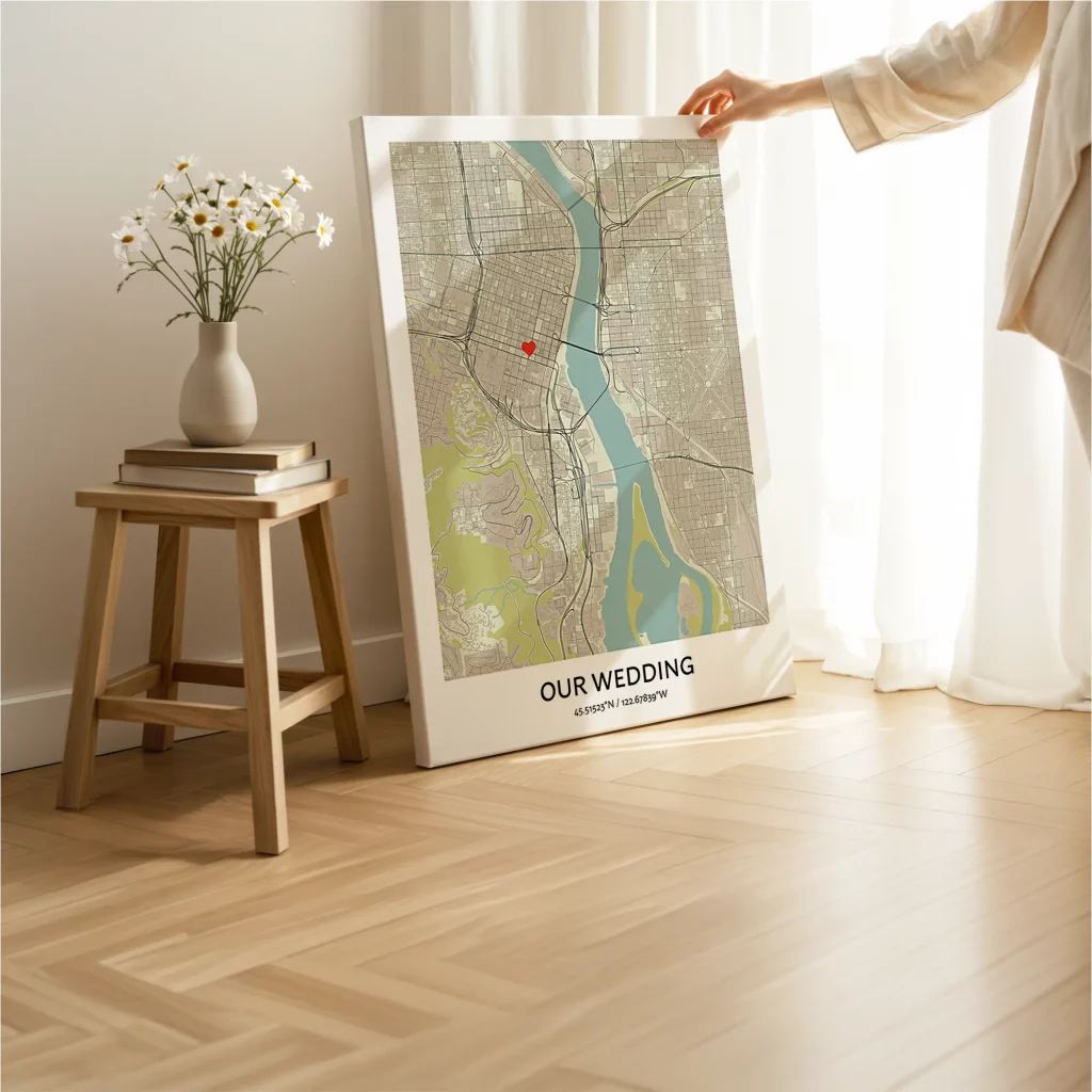 Personalized Wedding Location Map canvas print featuring a custom map of a wedding venue displayed in a modern home.