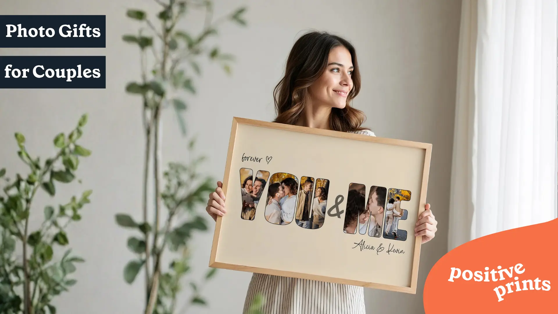 Custom photo gifts wall art with couple photos inside YOU & ME lettering held by woman in bright modern living room