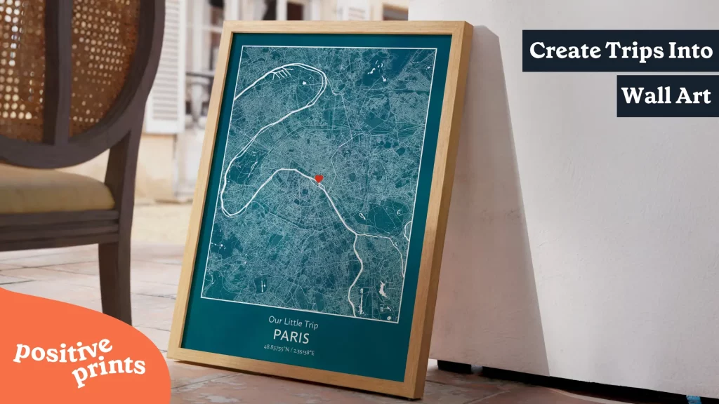 Custom Paris map print displayed as wall art, turning travel memories into a personalized keepsake.
