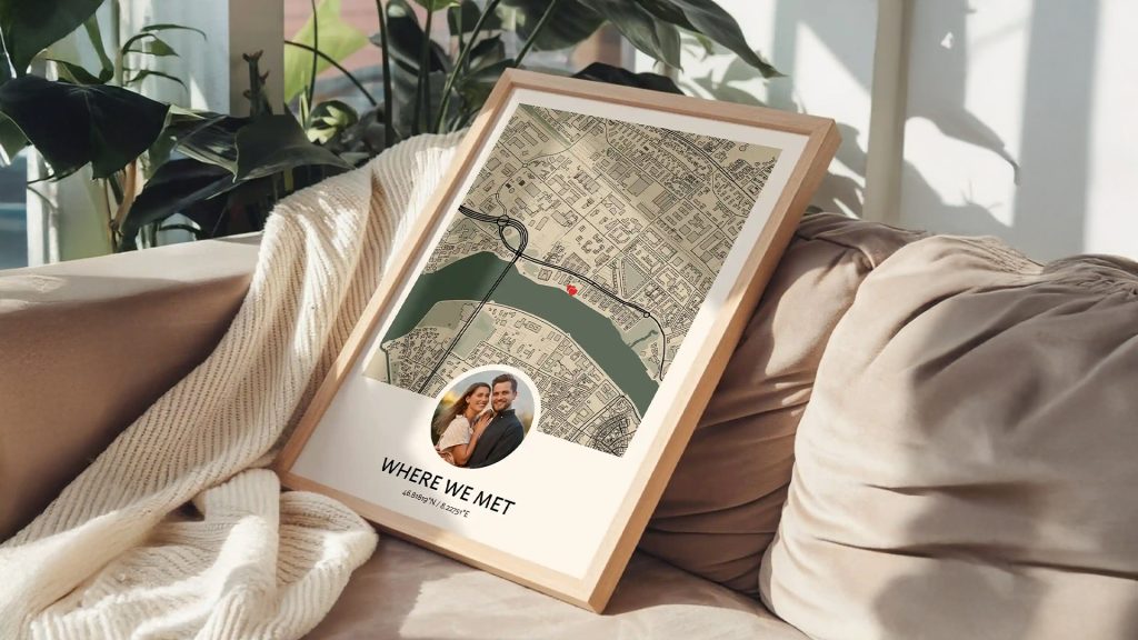 Personalized city map anniversary print featuring a meaningful location, couple photo, custom coordinates, and “Where We Met” text.