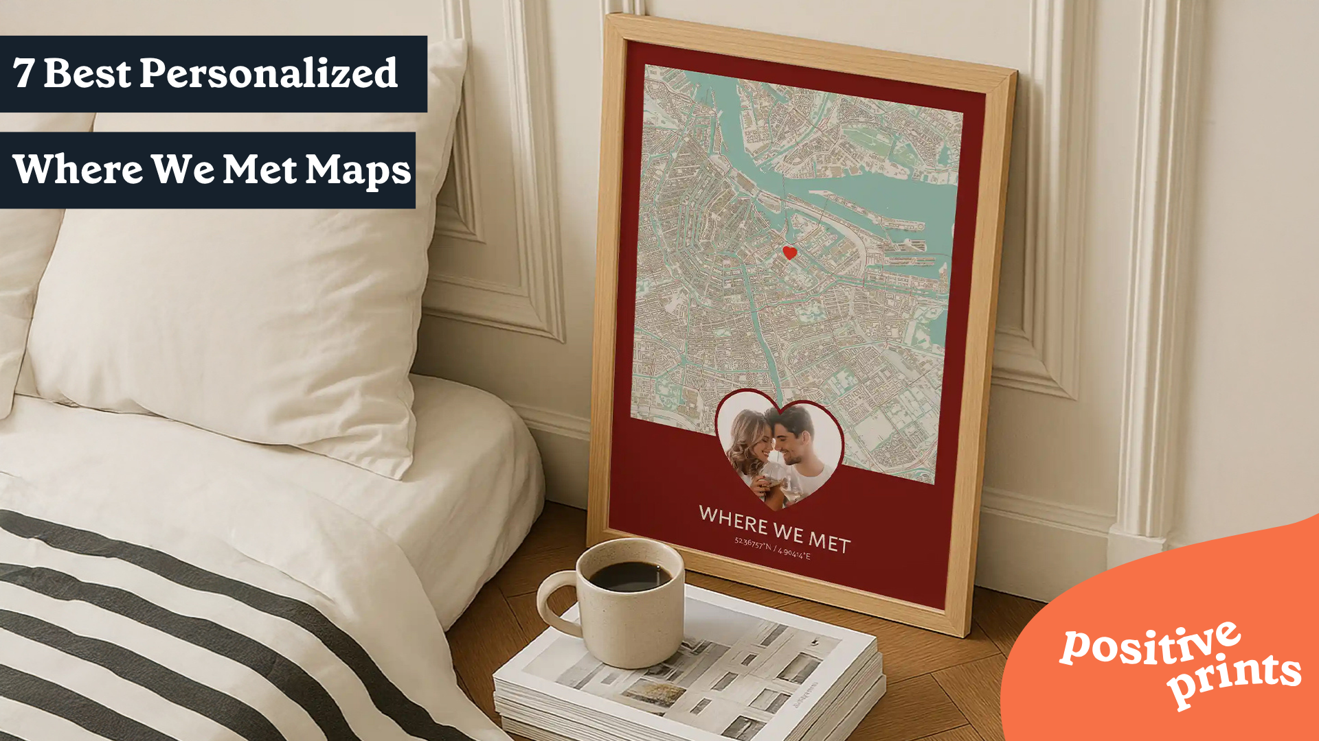 Framed personalized Where We Met Map print with a custom location and couple photo displayed in a cozy living room.