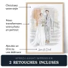 Portrait de mariage personnalisé dans un cadre en bois avec texte en français expliquant le choix du style, la transformation de la photo en portrait et l’ajout d’une dédicace. - Portrait de mariage personnalise a partir de votre photo