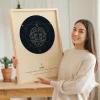 Frau hält ein personalisiertes Löwe-Sternzeichen-Poster in einem Holzrahmen mit Löwenmotiv und astrologischen Details. - Lowe Sternzeichen Kunst
