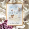 Framed custom proposal portrait with a watercolor beach engagement illustration and “He Asked, She Said Yes” text. - Couple Proposal Portrait